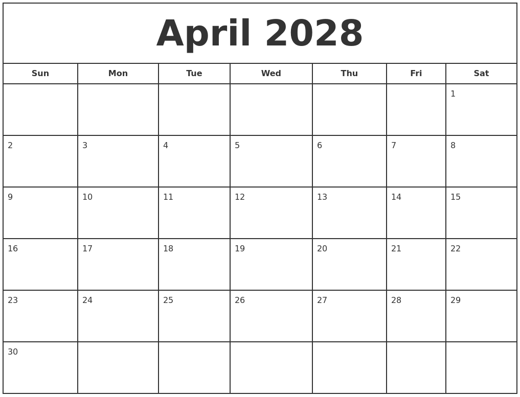 april 2028 print free calendar