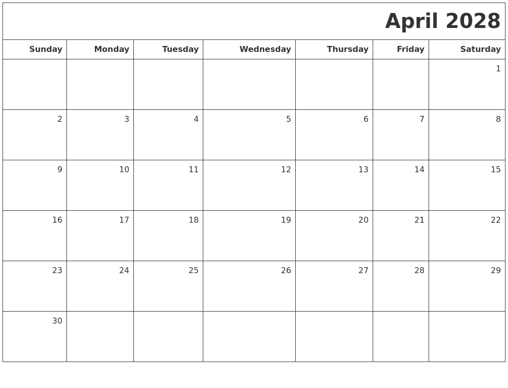 April 2028 Printable Blank Calendar