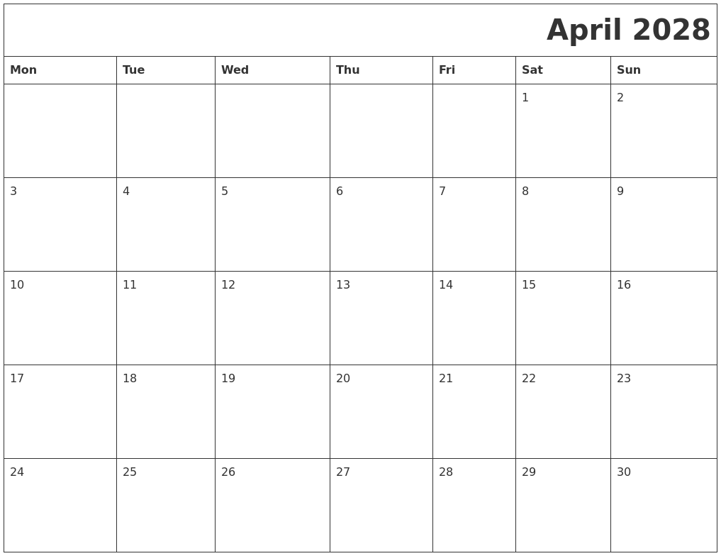 April 2028 Printable Calender