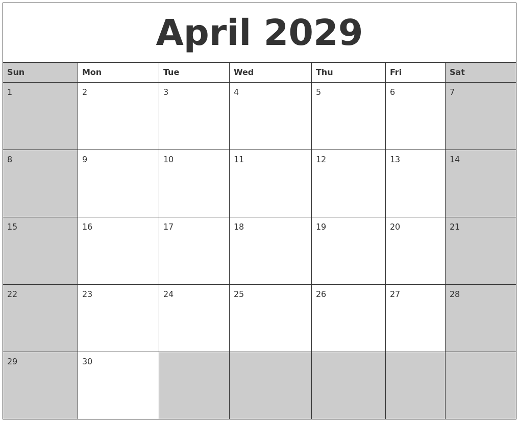 April 2029 Calanders