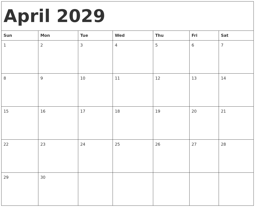 April 2029 Calendar Template