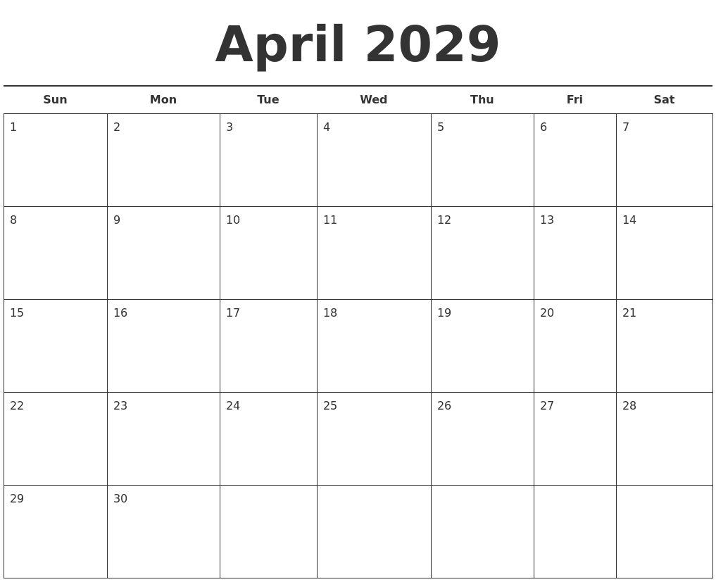 April 2029 Free Calendar Template