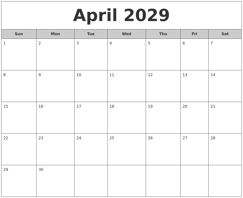 April 2029 Free Monthly Calendar