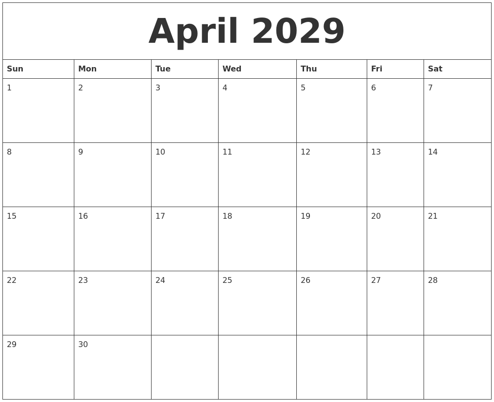 April 2029 Print Monthly Calendar
