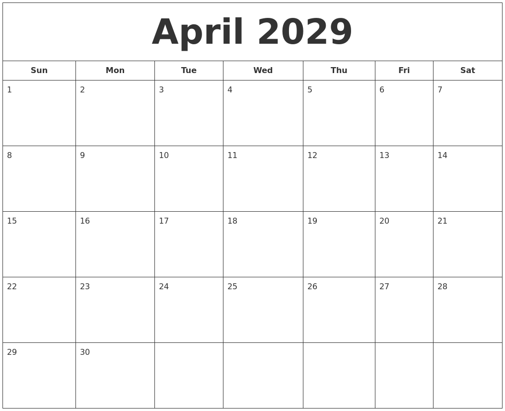 April 2029 Printable Calendar