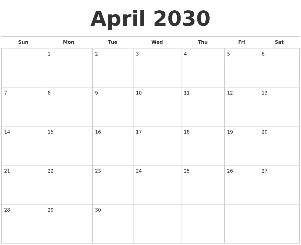 April 2030 Calendars Free