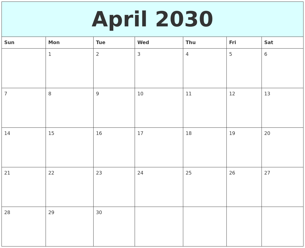 April 2030 Free Calendar