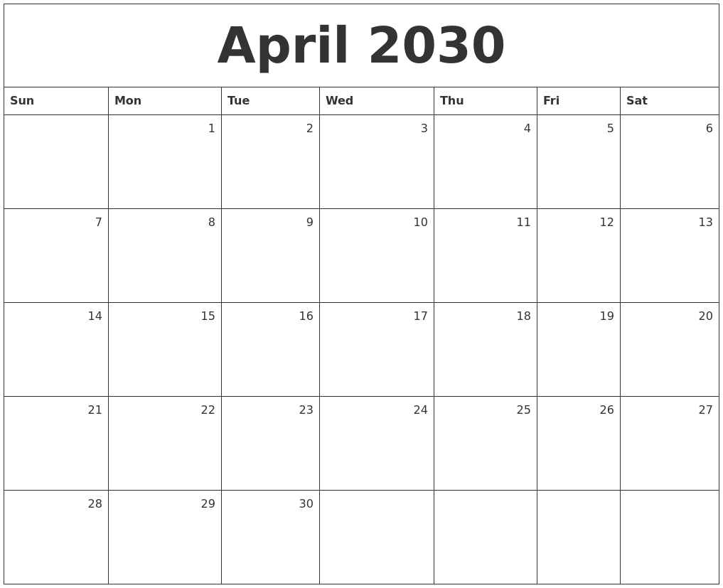 April 2030 Monthly Calendar