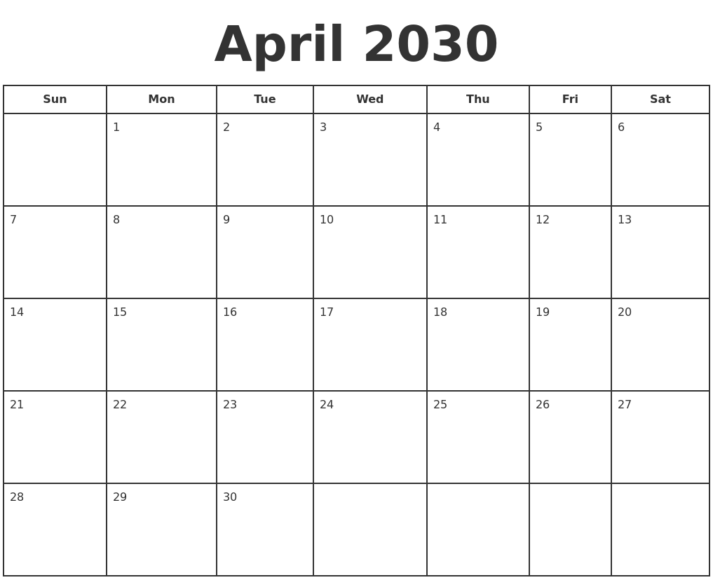April 2030 Print A Calendar