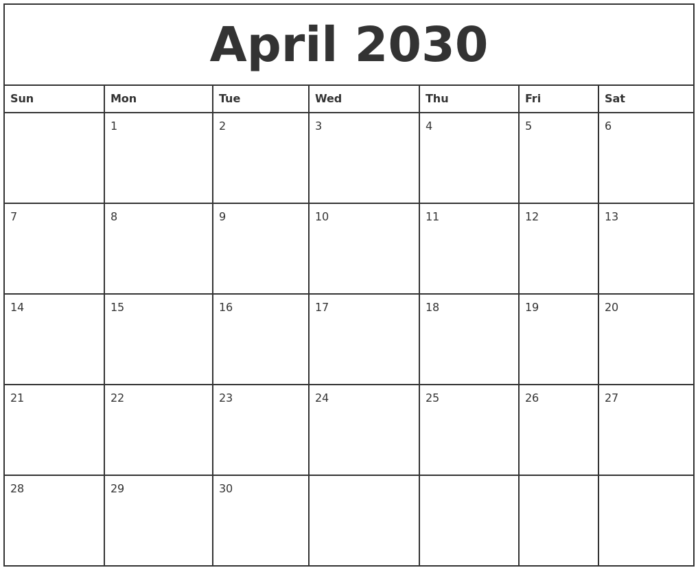April 2030 Printable Monthly Calendar
