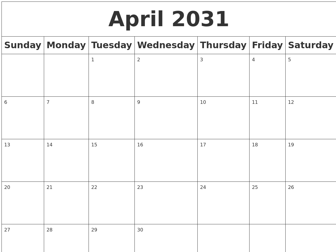 April 2031 Blank Calendar