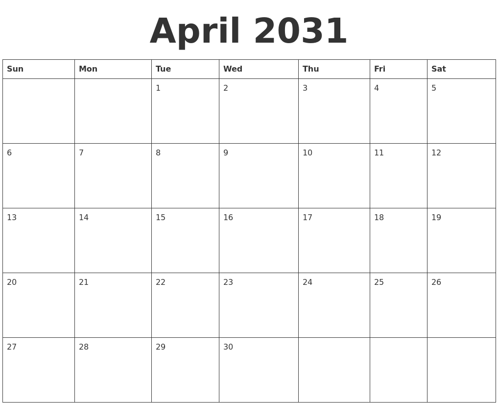 April 2031 Blank Calendar Template