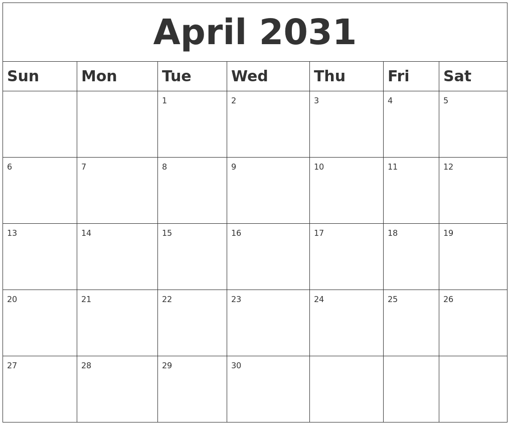 April 2031 Blank Calendar