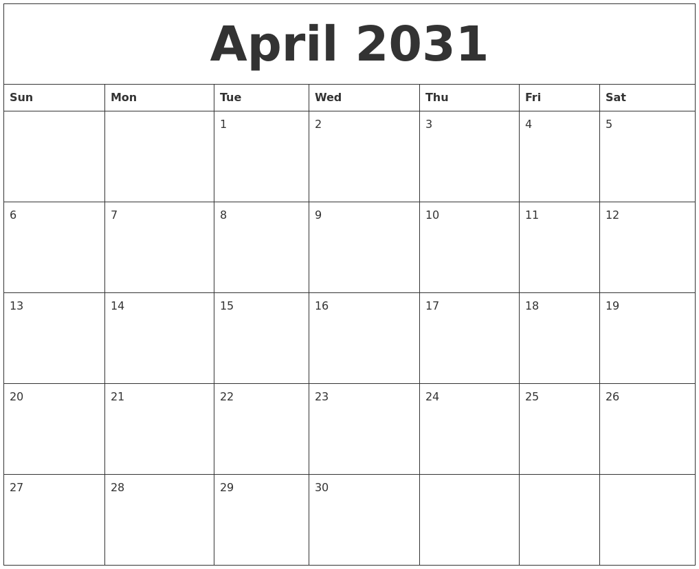 April 2031 Calendar