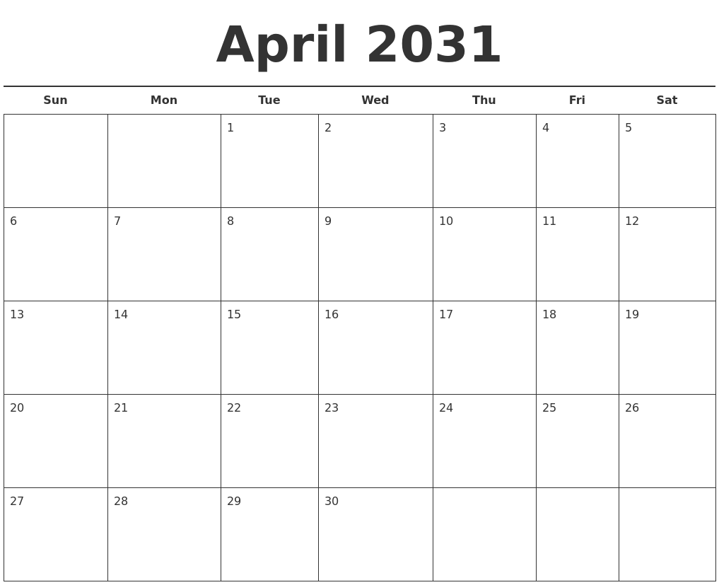 April 2031 Free Calendar Template