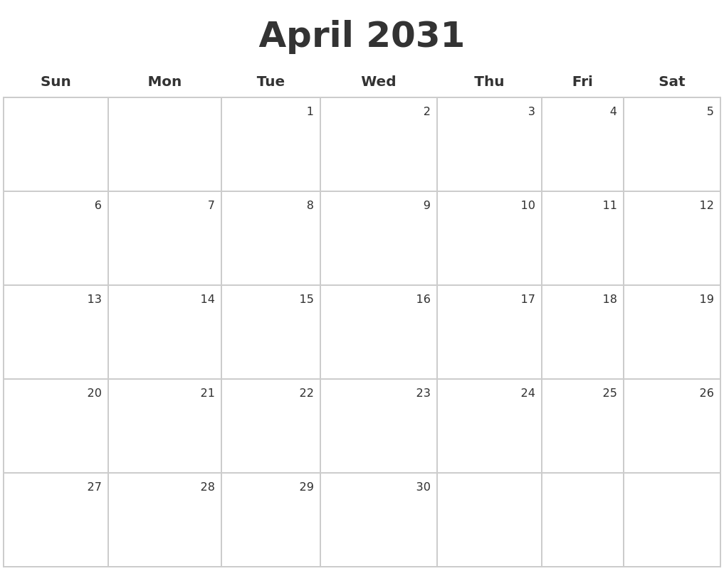 April 2031 Make A Calendar