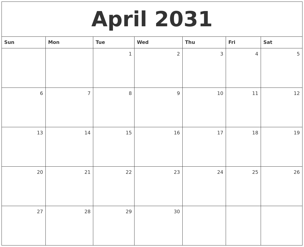 April 2031 Monthly Calendar