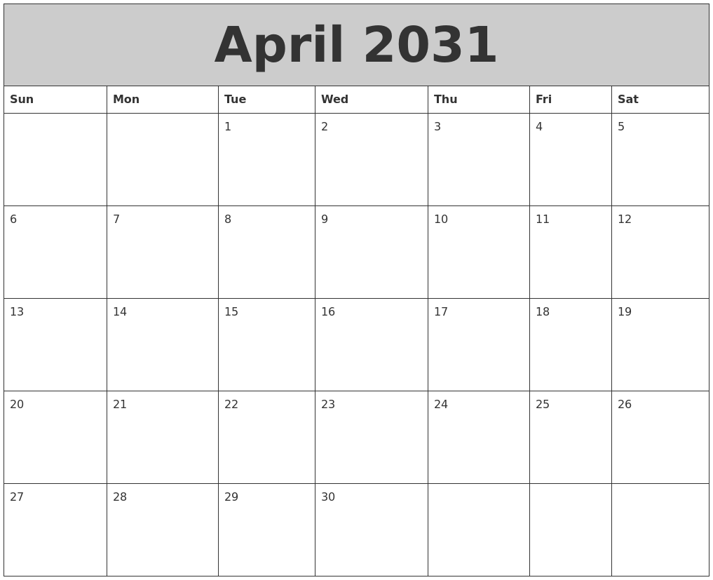 April 2031 My Calendar