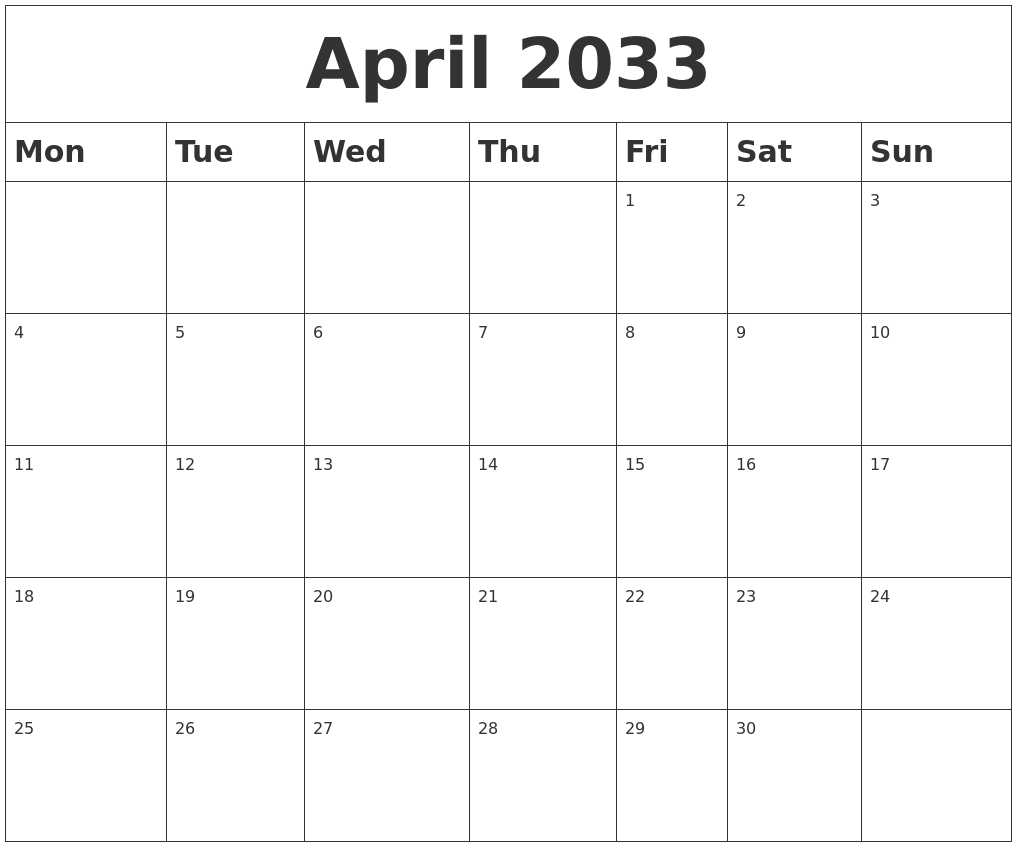 April 2033 Blank Calendar