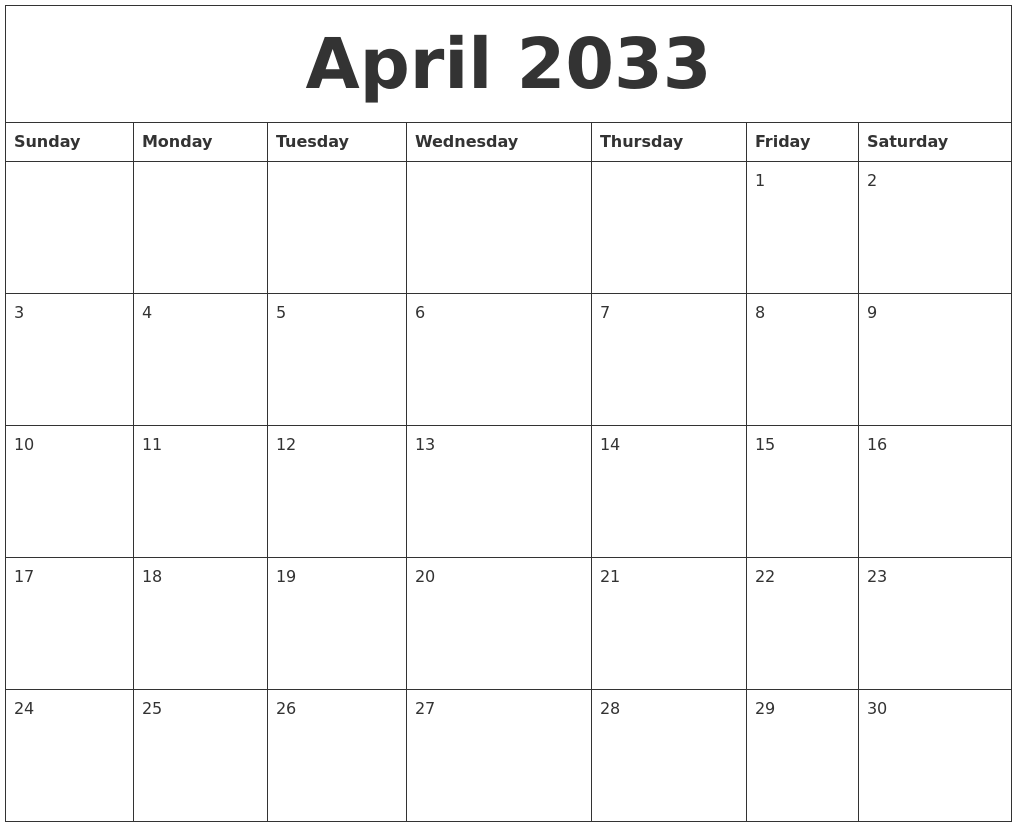 April 2033 Calendar