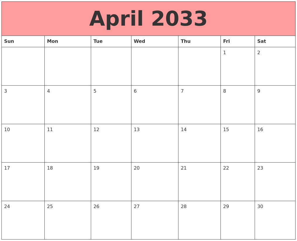 April 2033 Calendars That Work