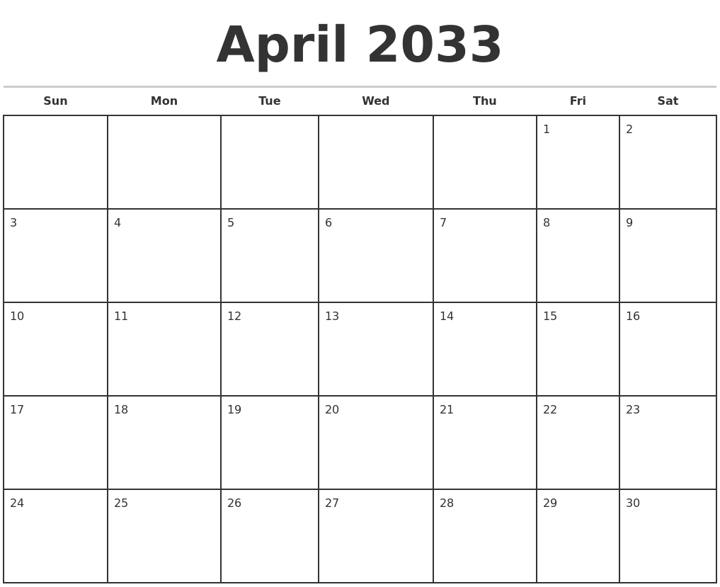 April 2033 Monthly Calendar Template