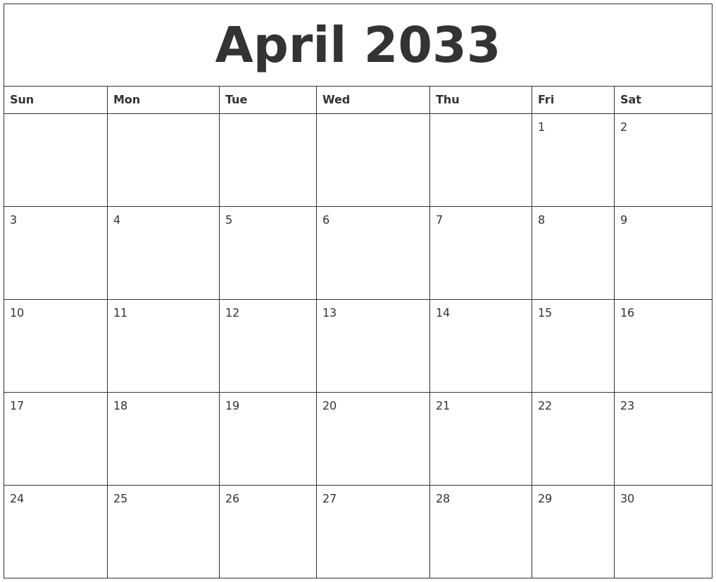 April 2033 Print Monthly Calendar