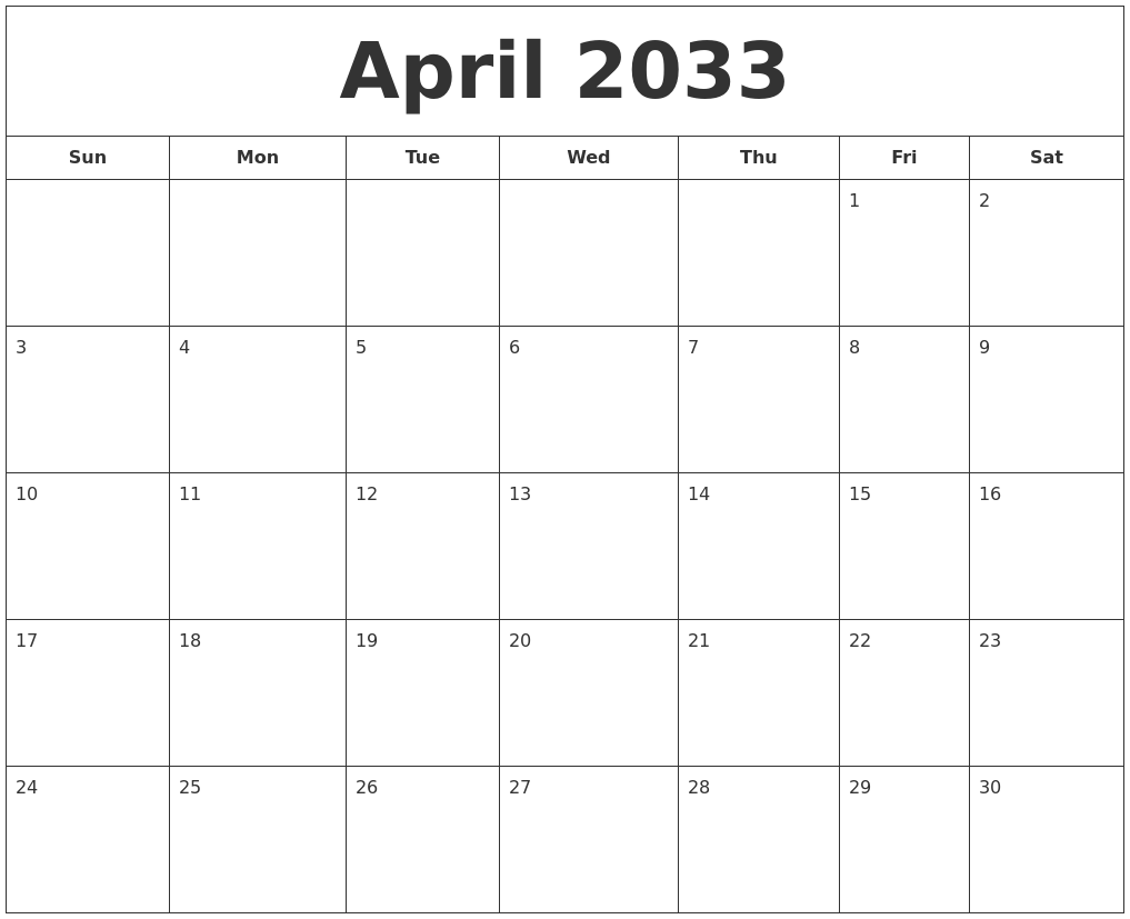 April 2033 Printable Calendar