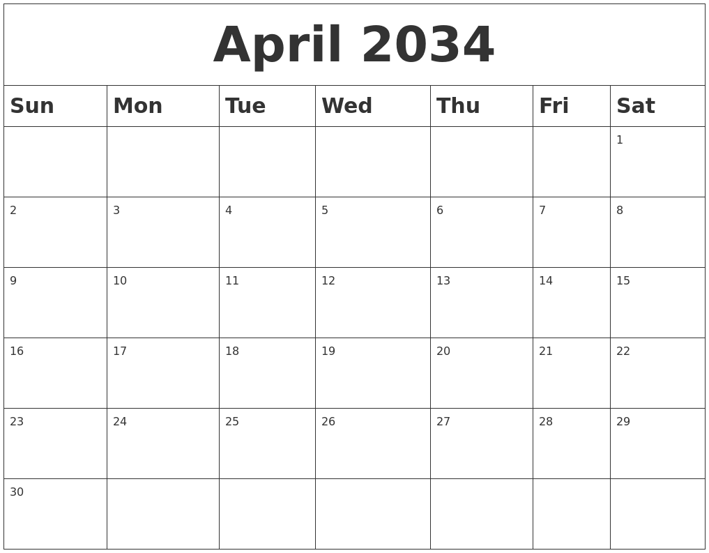April 2034 Blank Calendar