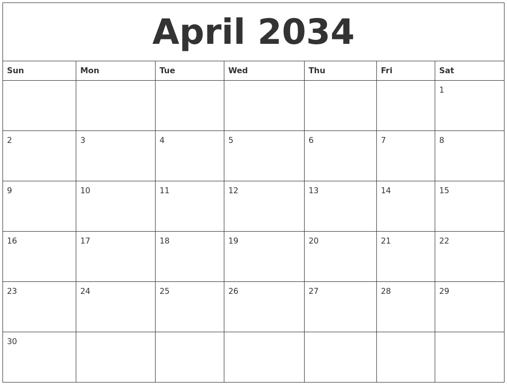 April 2034 Calendar Layout
