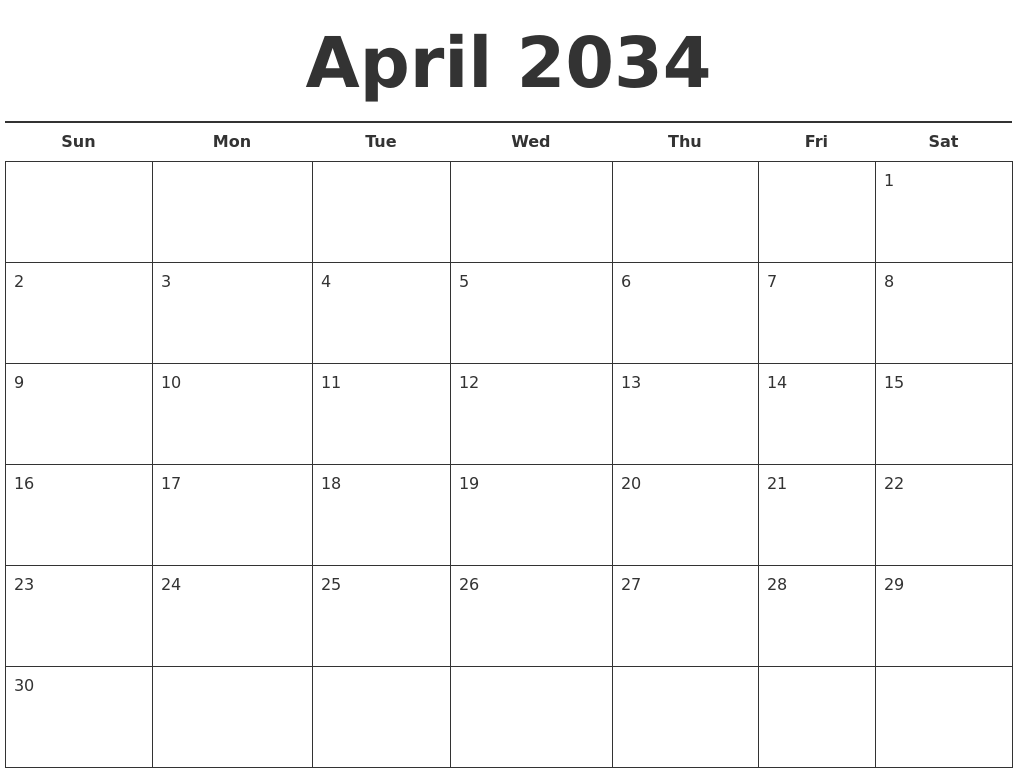 April 2034 Free Calendar Template