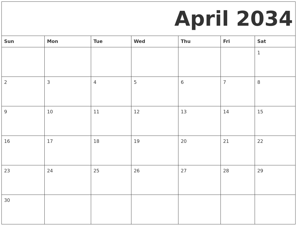 April 2034 Free Printable Calendar