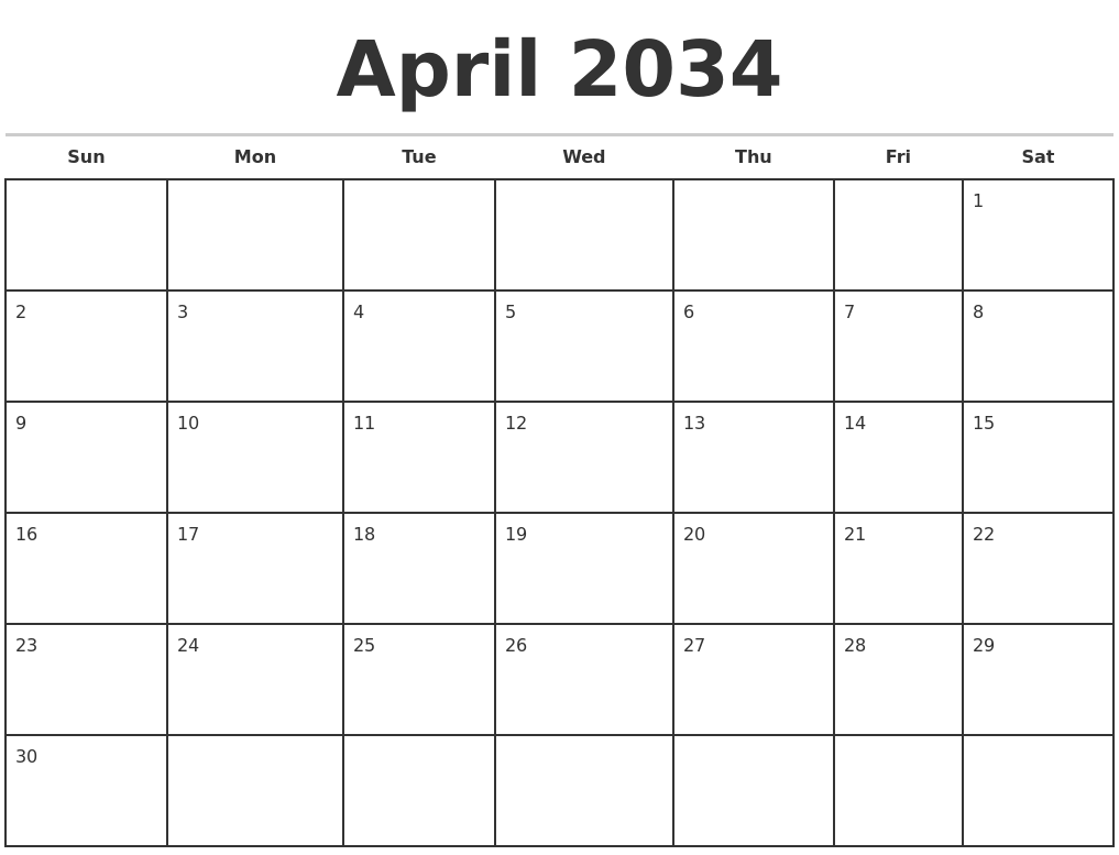 April 2034 Monthly Calendar Template