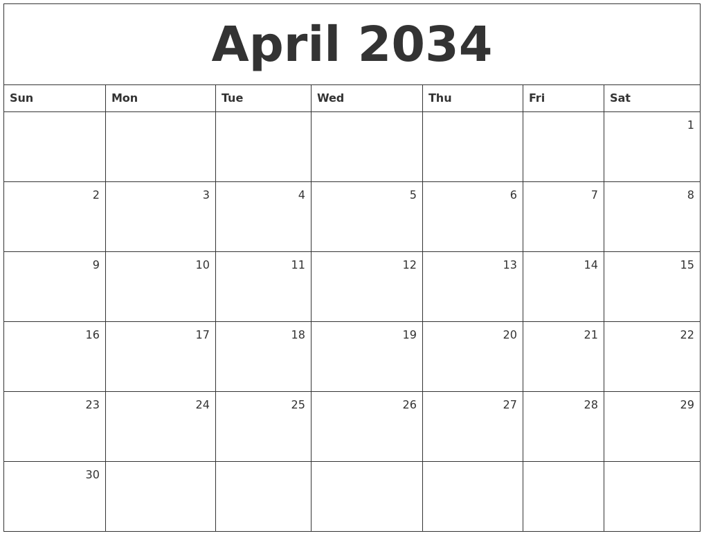 April 2034 Monthly Calendar