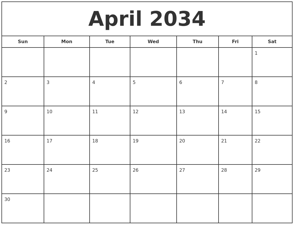 April 2034 Print Free Calendar