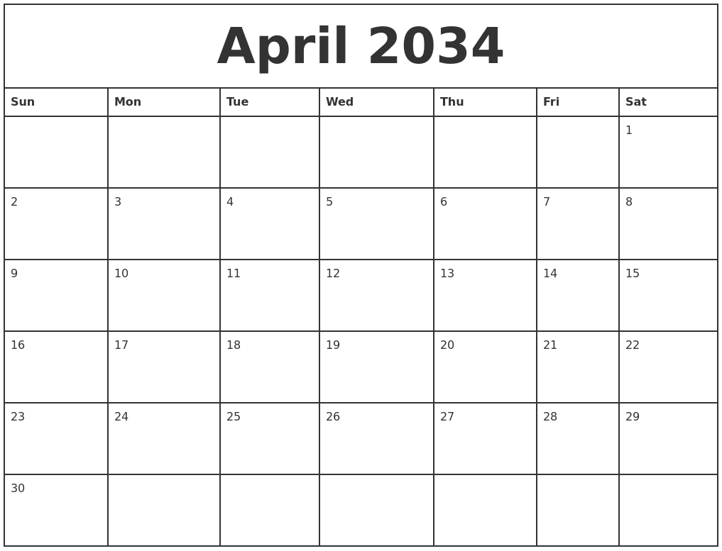 April 2034 Printable Monthly Calendar