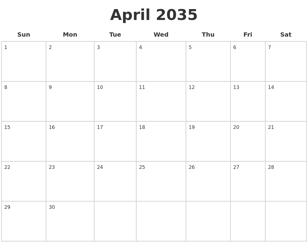 April 2035 Blank Calendar Pages