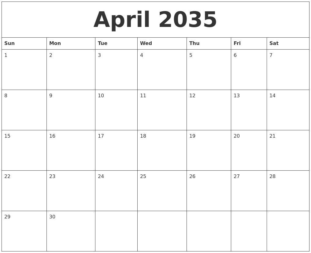 April 2035 Calendar Free Printable