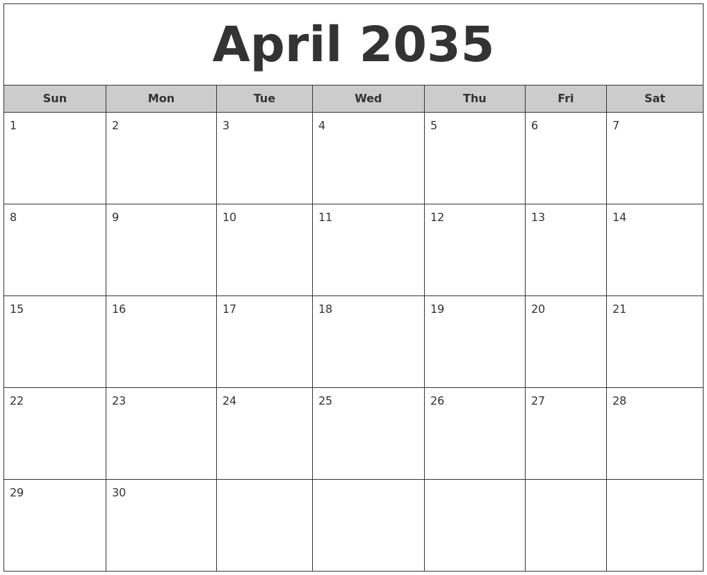 April 2035 Free Monthly Calendar