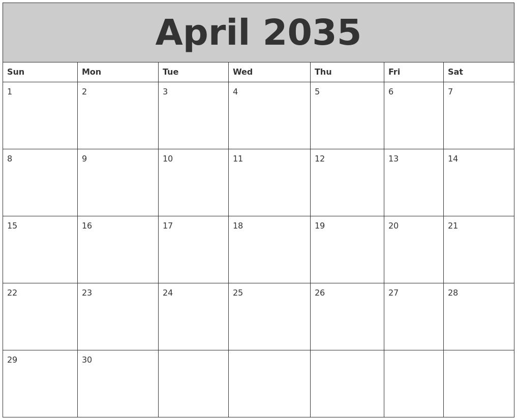 April 2035 My Calendar