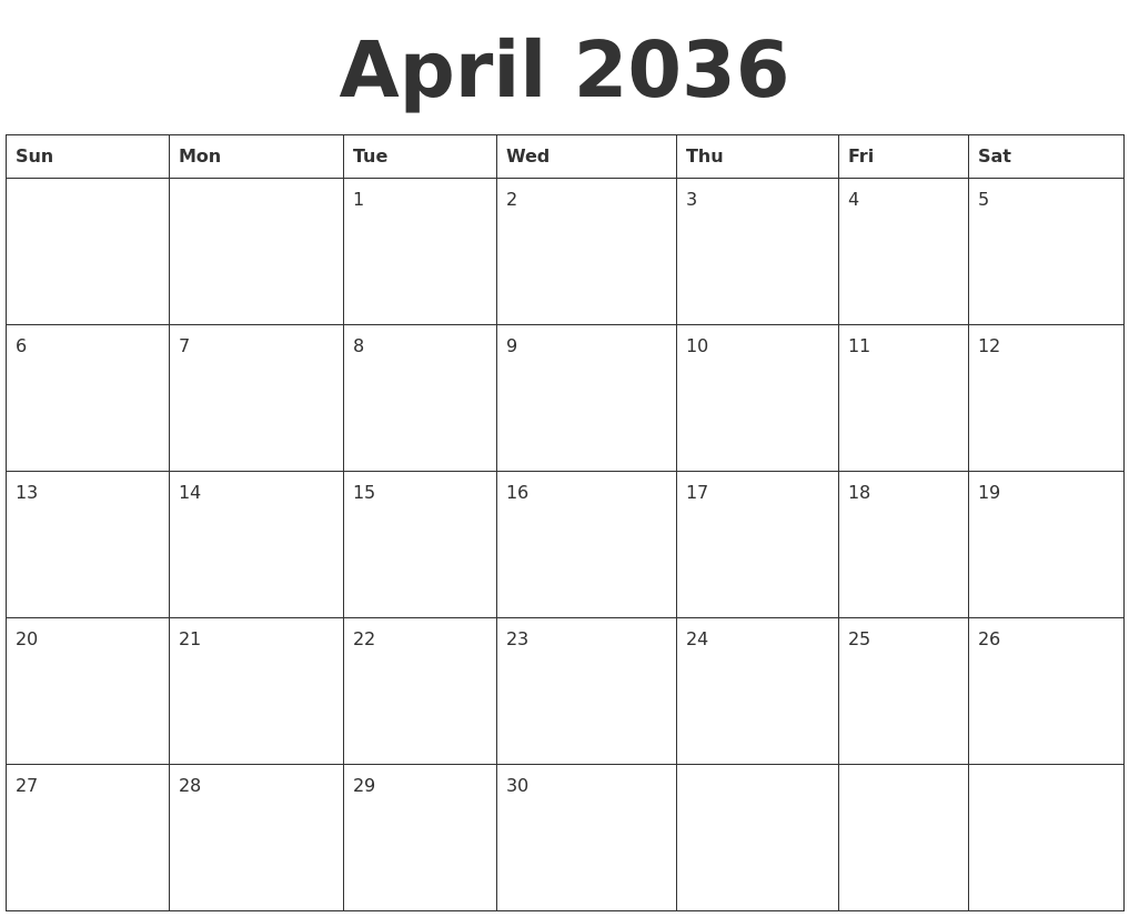 April 2036 Blank Calendar Template