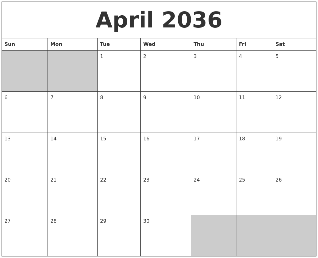 April 2036 Blank Printable Calendar