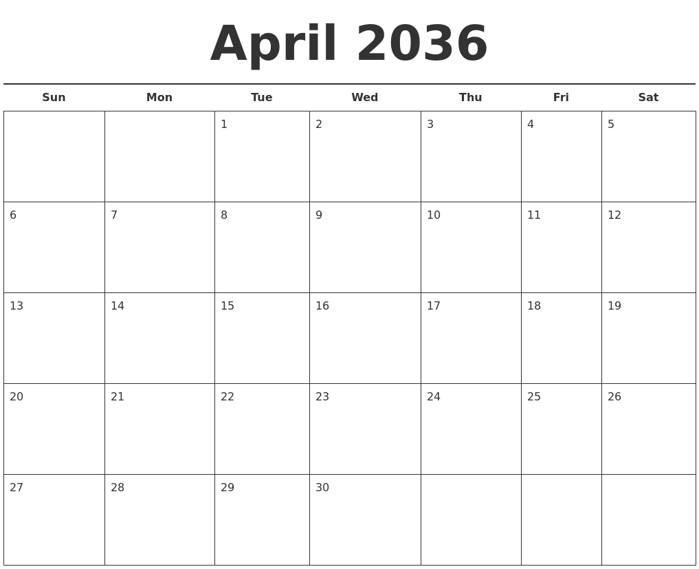 April 2036 Free Calendar Template