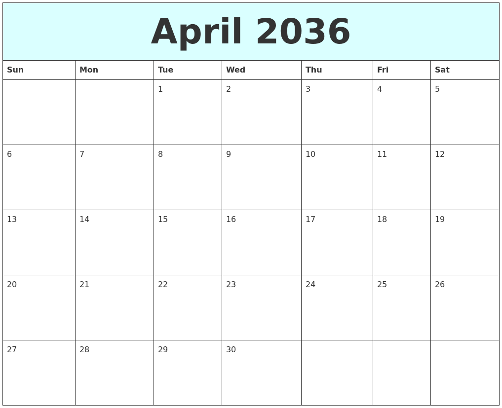 April 2036 Free Calendar