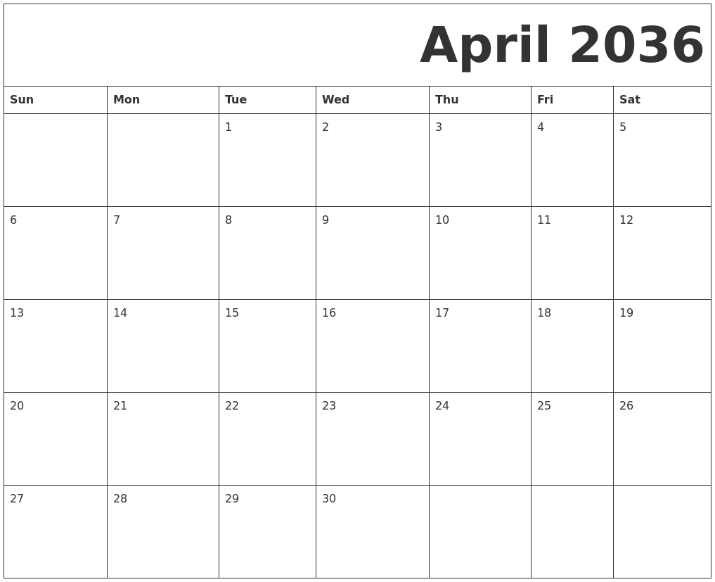 April 2036 Free Printable Calendar