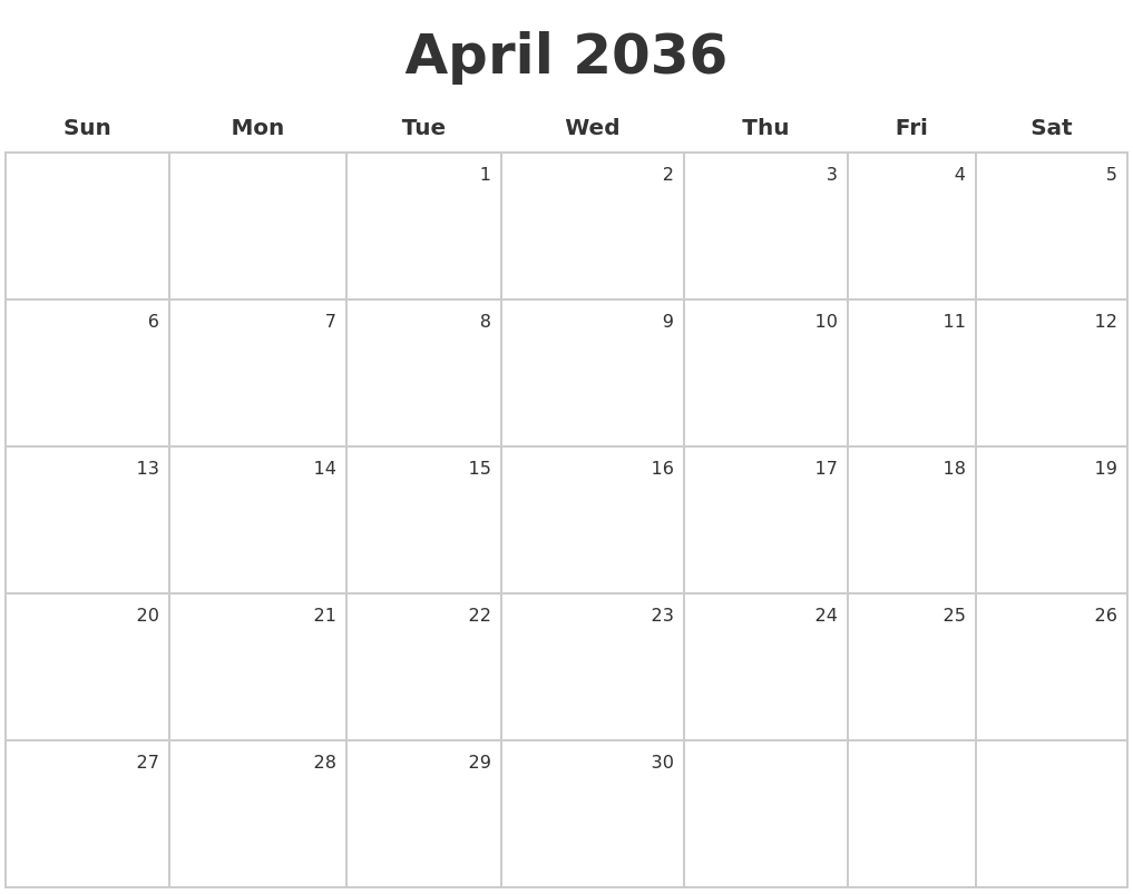 April 2036 Make A Calendar
