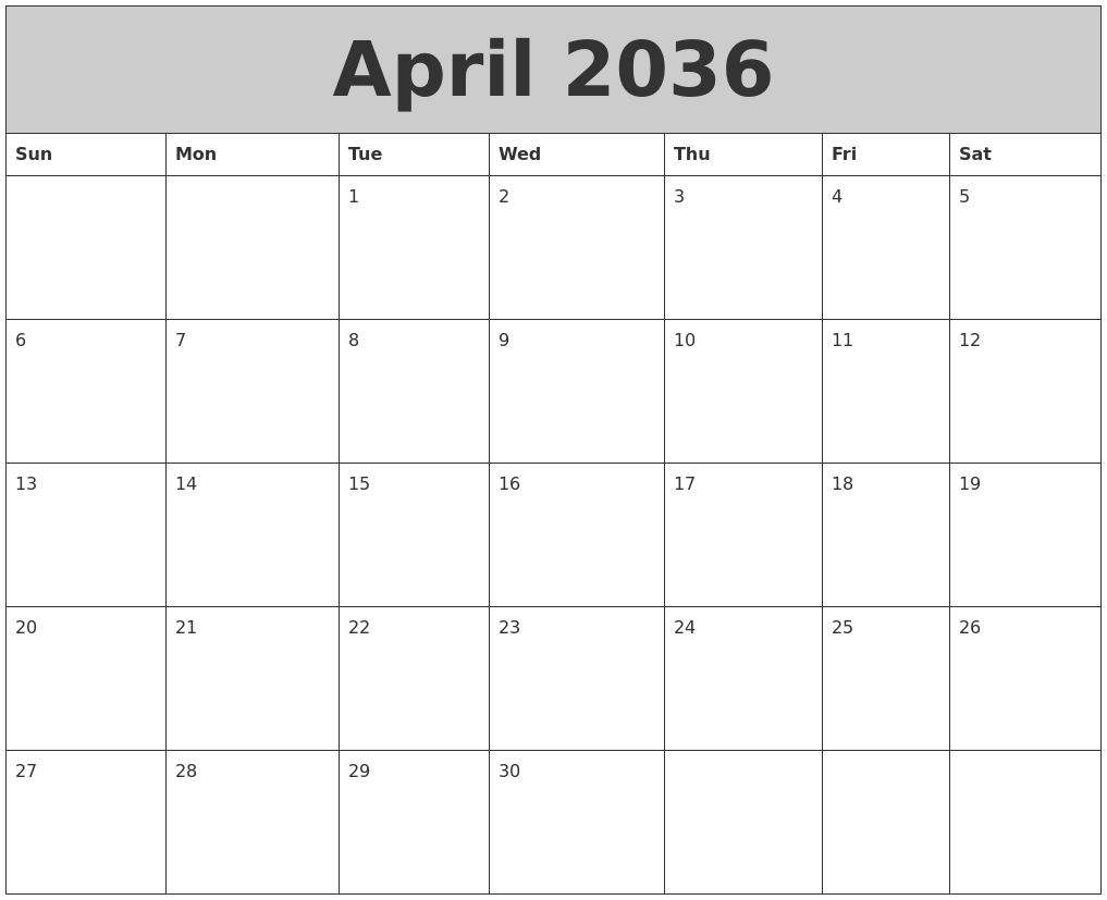 April 2036 My Calendar