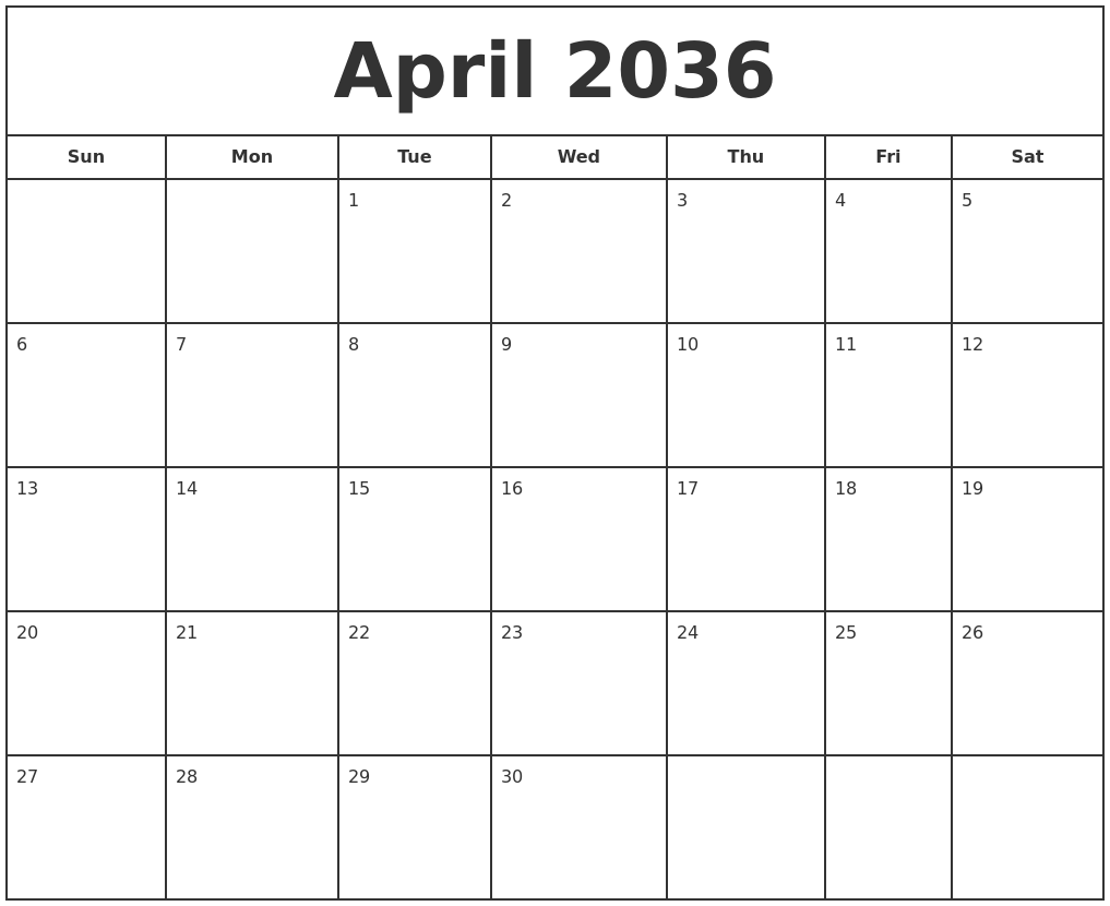 April 2036 Print Free Calendar