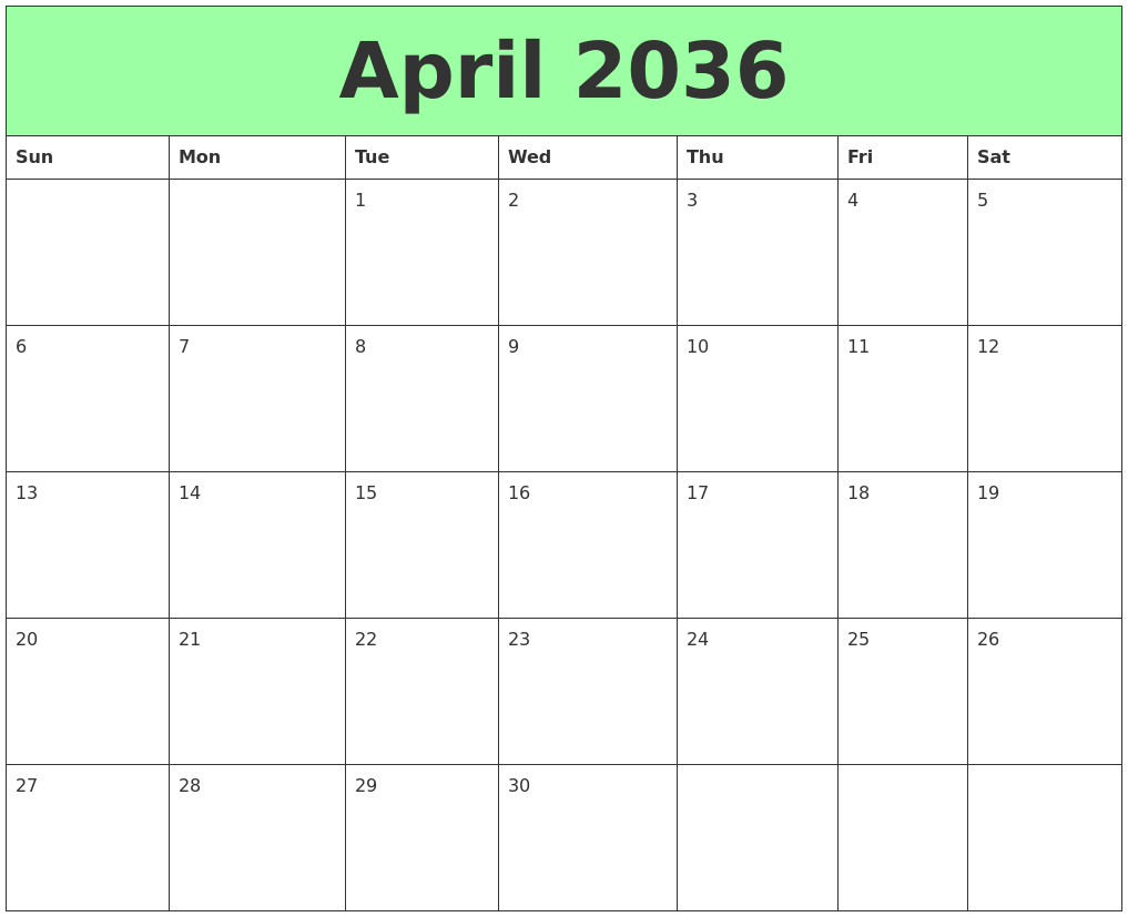 April 2036 Printable Calendars
