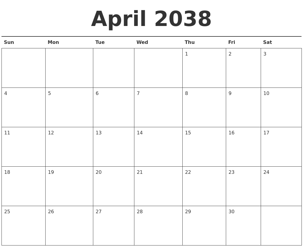 April 2038 Calendar Printable